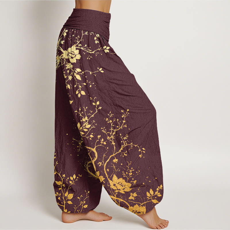 Nimara Ritual Cotton Casual Dragon Flower Leaf Pattern Women's Elastic Waist Harem Pants