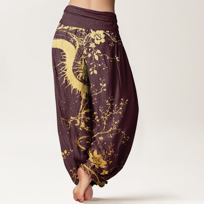 Nimara Ritual Cotton Casual Dragon Flower Leaf Pattern Women's Elastic Waist Harem Pants
