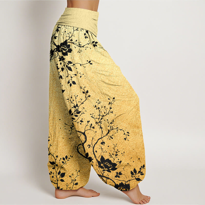 Nimara Ritual Cotton Casual Dragon Flower Leaf Pattern Women's Elastic Waist Harem Pants