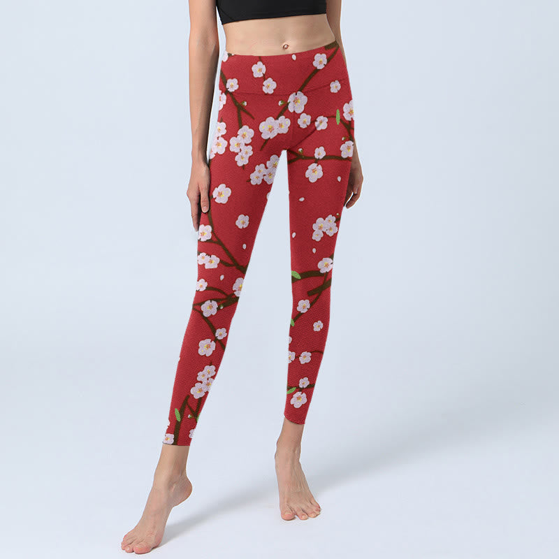 Nimara Ritual Plum Blossoms Branches Leaves Pattern Print Gym Leggings Women's Yoga Pants