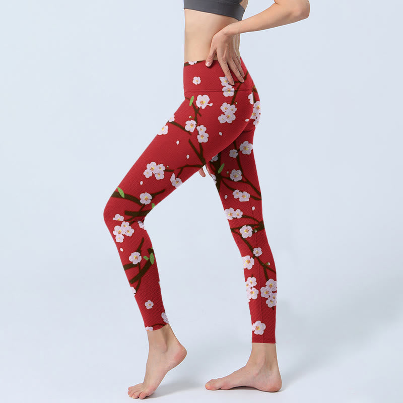Nimara Ritual Plum Blossoms Branches Leaves Pattern Print Gym Leggings Women's Yoga Pants