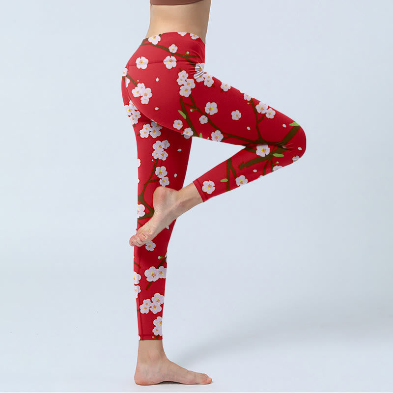 Nimara Ritual Plum Blossoms Branches Leaves Pattern Print Gym Leggings Women's Yoga Pants