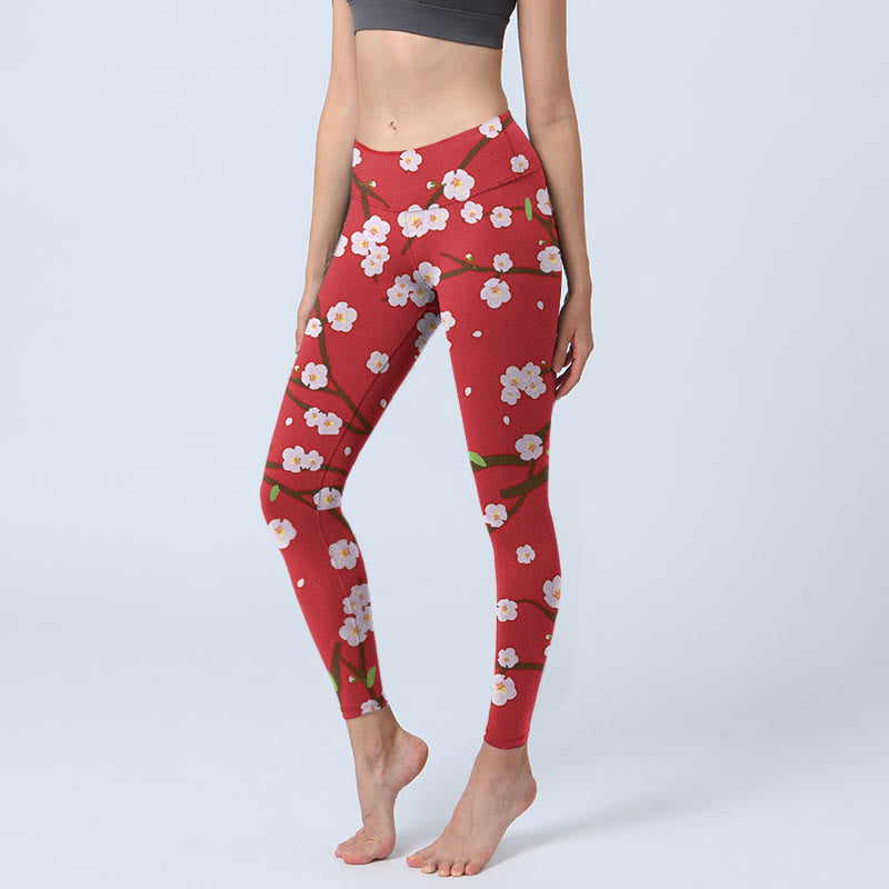 Nimara Ritual Plum Blossoms Branches Leaves Pattern Print Gym Leggings Women's Yoga Pants