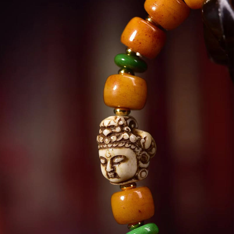 Nimara Ritual Natural Tibetan Camel Bone Barrel Beads Buddha Head Luck Protection Bracelet