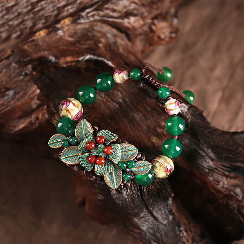 Nimara Ritual Green Agate Glass Flower Beads Braided Knot Support Bracelet