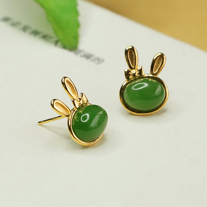 Nimara Ritual 925 Sterling Silver Hetian Cyan Jade Cute Rabbit Luck Stud Earrings