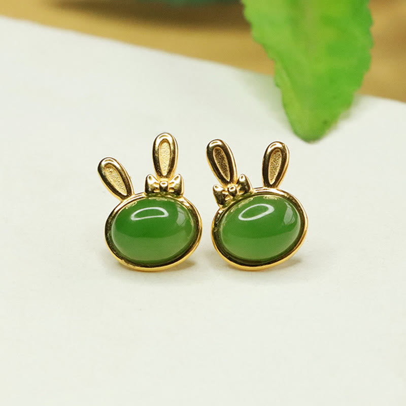 Nimara Ritual 925 Sterling Silver Hetian Cyan Jade Cute Rabbit Luck Stud Earrings