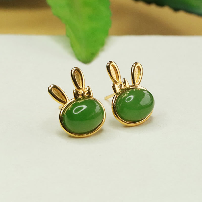 Nimara Ritual 925 Sterling Silver Hetian Cyan Jade Cute Rabbit Luck Stud Earrings
