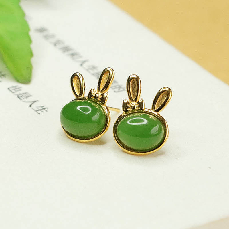Nimara Ritual 925 Sterling Silver Hetian Cyan Jade Cute Rabbit Luck Stud Earrings