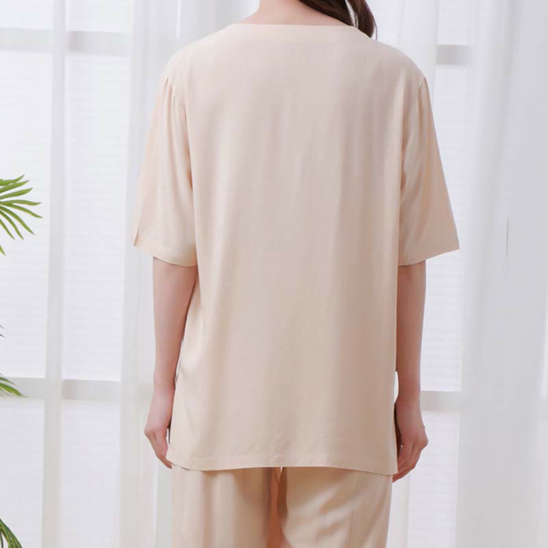 Nimara Ritual 2pcs Plain Color Frog-Button Simple Design Crew Neck Design Half Sleeve Shirt Top Elastic Waist Pants Meditation Zen Tai Chi Cotton Clothing Women's Set