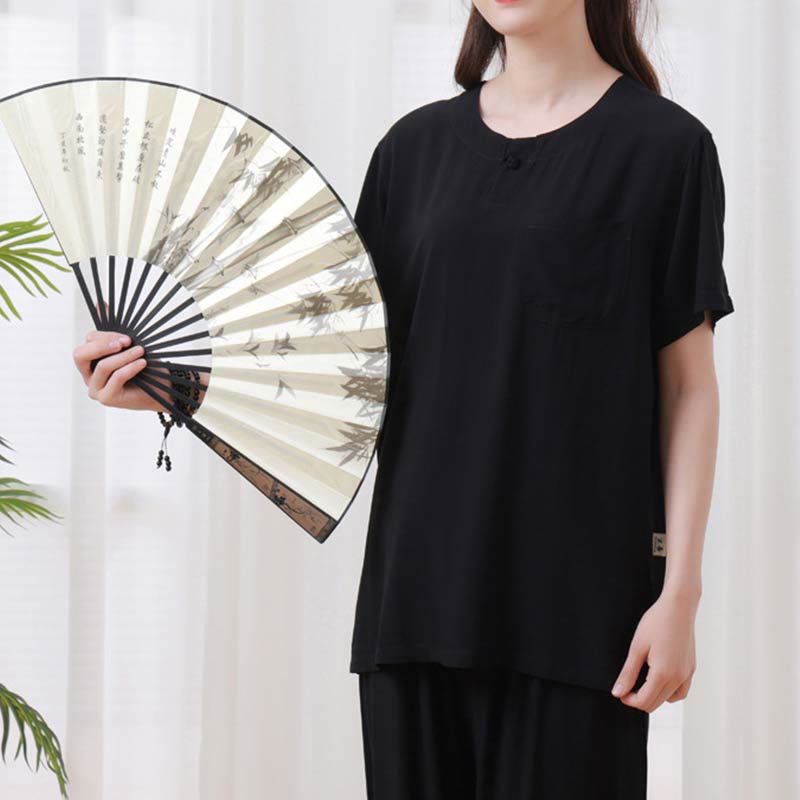 Nimara Ritual 2pcs Plain Color Frog-Button Simple Design Crew Neck Design Half Sleeve Shirt Top Elastic Waist Pants Meditation Zen Tai Chi Cotton Clothing Women's Set