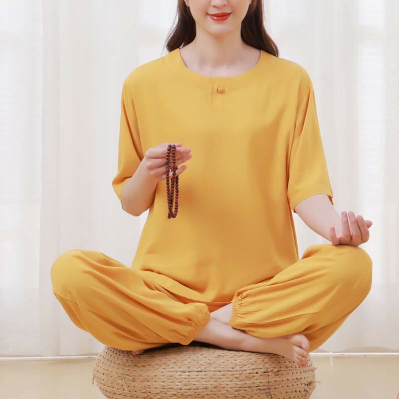 Nimara Ritual 2pcs Plain Color Frog-Button Simple Design Crew Neck Design Half Sleeve Shirt Top Elastic Waist Pants Meditation Zen Tai Chi Cotton Clothing Women's Set