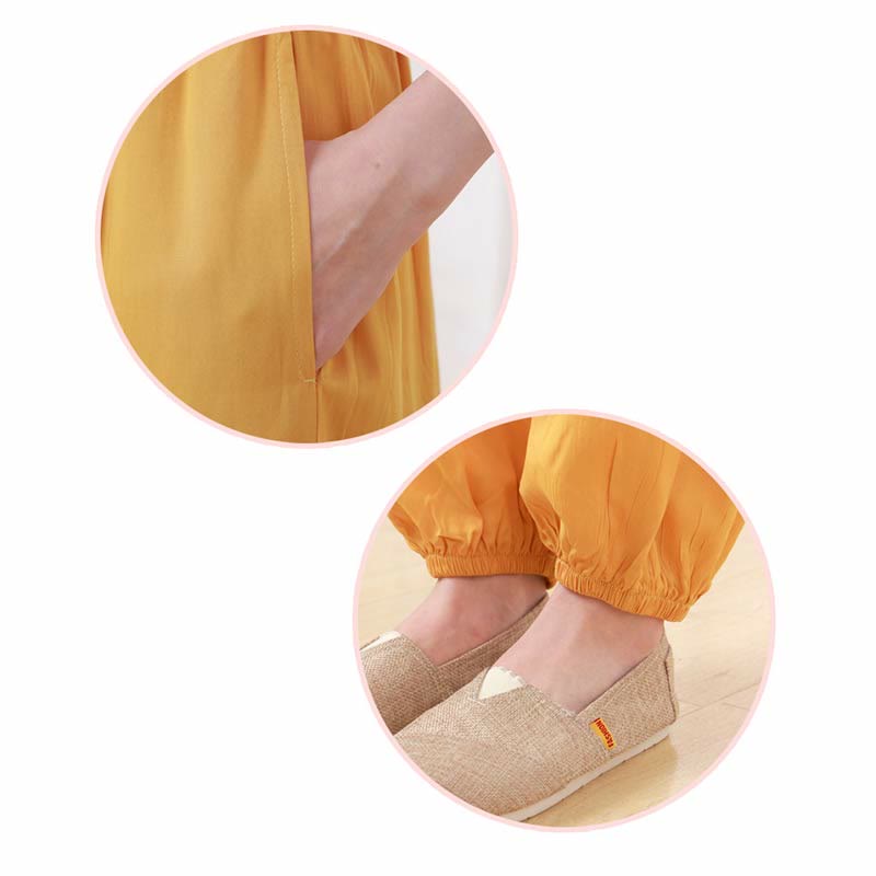 Nimara Ritual 2pcs Plain Color Frog-Button Simple Design Crew Neck Design Half Sleeve Shirt Top Elastic Waist Pants Meditation Zen Tai Chi Cotton Clothing Women's Set