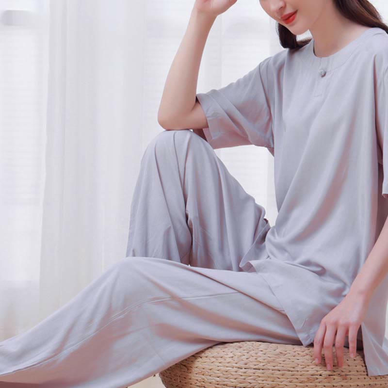 Nimara Ritual 2pcs Plain Color Frog-Button Simple Design Crew Neck Design Half Sleeve Shirt Top Elastic Waist Pants Meditation Zen Tai Chi Cotton Clothing Women's Set