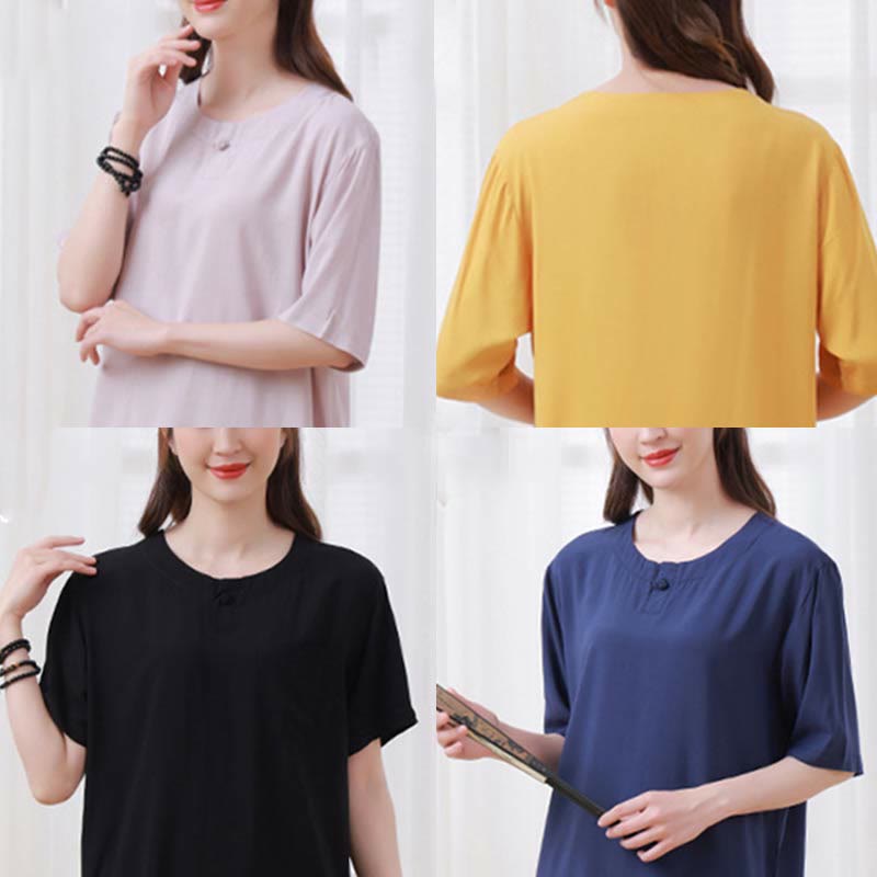 Nimara Ritual 2pcs Plain Color Frog-Button Simple Design Crew Neck Design Half Sleeve Shirt Top Elastic Waist Pants Meditation Zen Tai Chi Cotton Clothing Women's Set