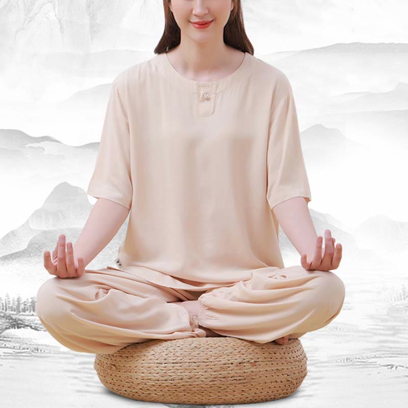 Nimara Ritual 2pcs Plain Color Frog-Button Simple Design Crew Neck Design Half Sleeve Shirt Top Elastic Waist Pants Meditation Zen Tai Chi Cotton Clothing Women's Set