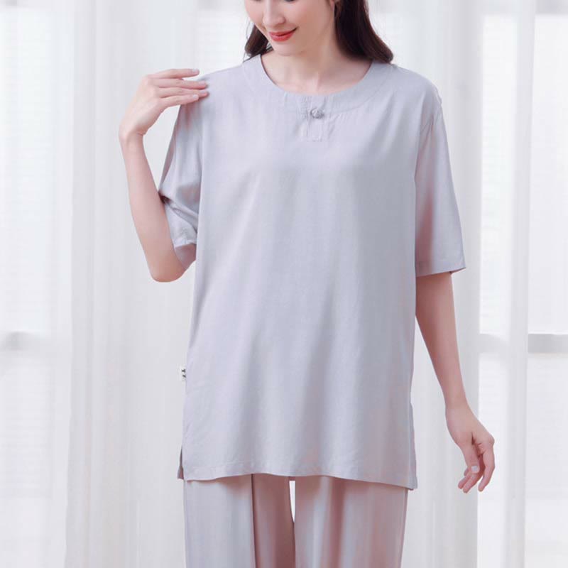 Nimara Ritual 2pcs Plain Color Frog-Button Simple Design Crew Neck Design Half Sleeve Shirt Top Elastic Waist Pants Meditation Zen Tai Chi Cotton Clothing Women's Set