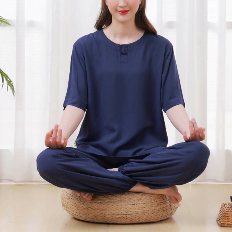 Nimara Ritual 2pcs Plain Color Frog-Button Simple Design Crew Neck Design Half Sleeve Shirt Top Elastic Waist Pants Meditation Zen Tai Chi Cotton Clothing Women's Set