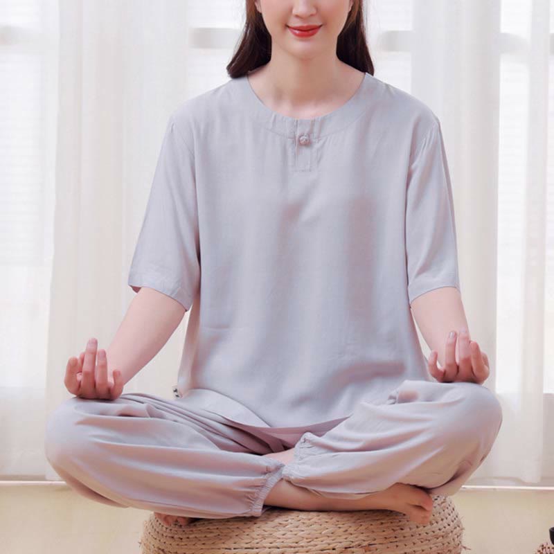 Nimara Ritual 2pcs Plain Color Frog-Button Simple Design Crew Neck Design Half Sleeve Shirt Top Elastic Waist Pants Meditation Zen Tai Chi Cotton Clothing Women's Set