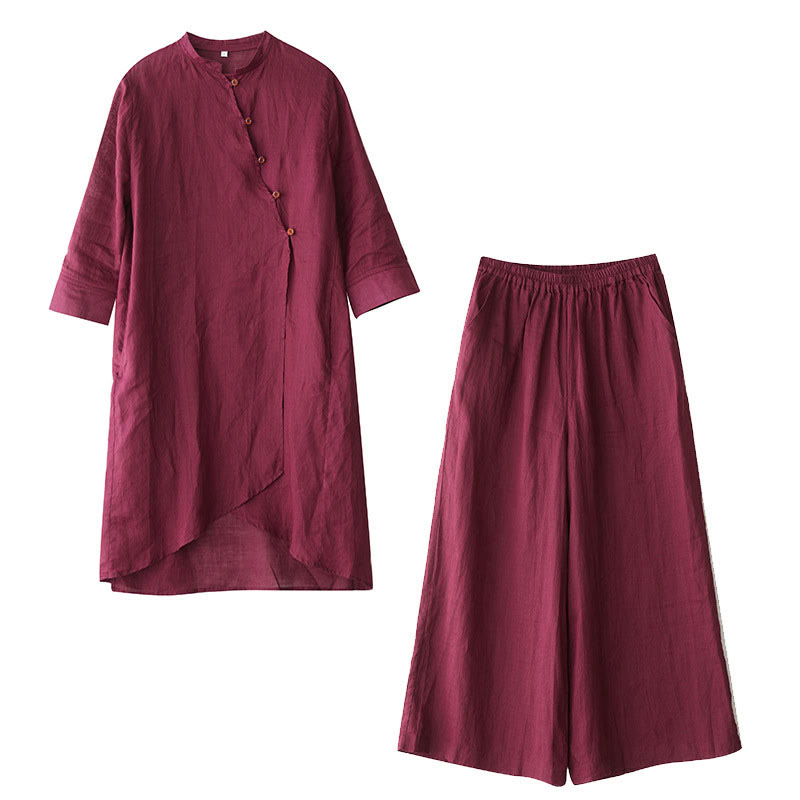 Nimara Ritual Casual 2pcs Plain Three Quarter Sleeve Slanted Collar Shirt Top Wide Leg Pants With Pockets Meditation Zen Tai Chi Clothing Women's Set