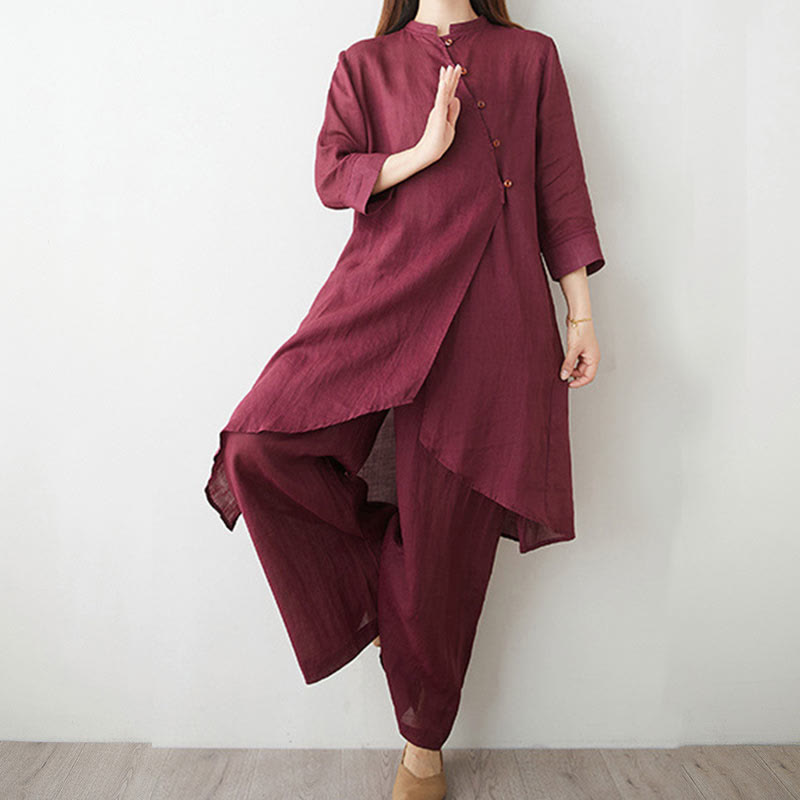 Nimara Ritual Casual 2pcs Plain Three Quarter Sleeve Slanted Collar Shirt Top Wide Leg Pants With Pockets Meditation Zen Tai Chi Clothing Women's Set