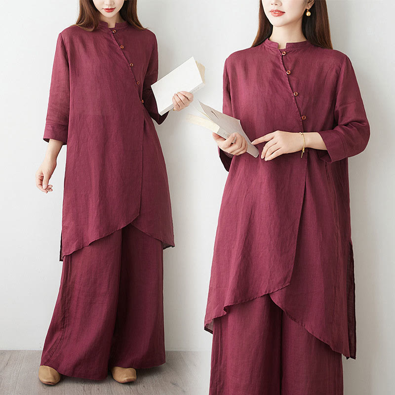 Nimara Ritual Casual 2pcs Plain Three Quarter Sleeve Slanted Collar Shirt Top Wide Leg Pants With Pockets Meditation Zen Tai Chi Clothing Women's Set