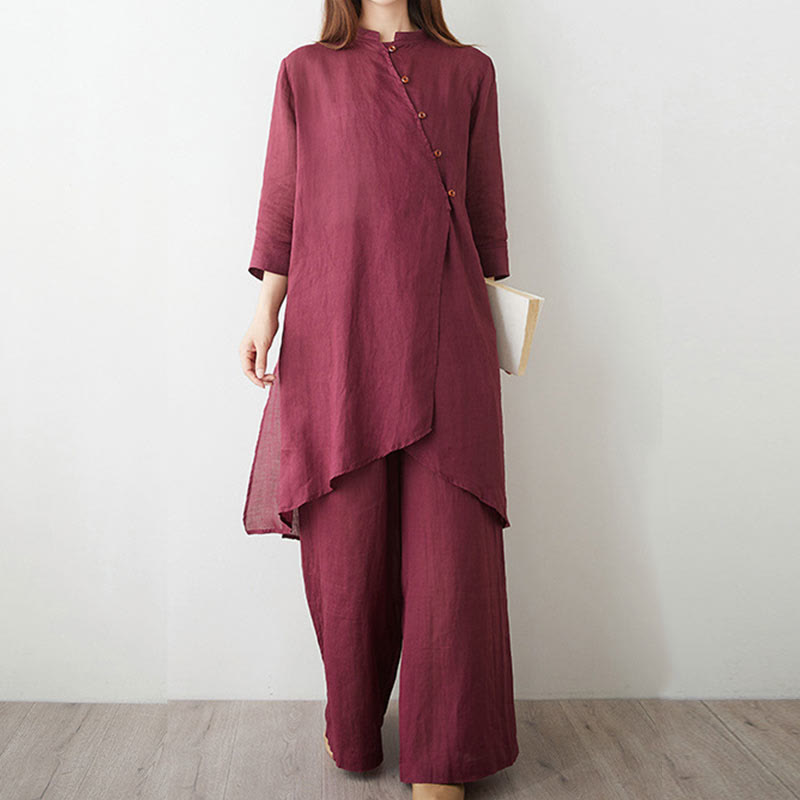 Nimara Ritual Casual 2pcs Plain Three Quarter Sleeve Slanted Collar Shirt Top Wide Leg Pants With Pockets Meditation Zen Tai Chi Clothing Women's Set