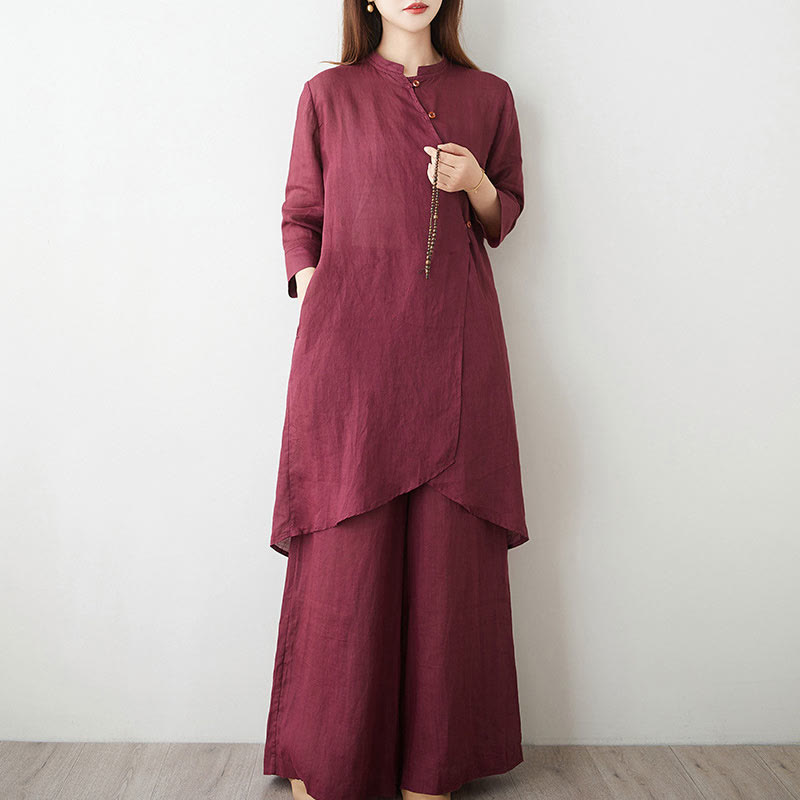 Nimara Ritual Casual 2pcs Plain Three Quarter Sleeve Slanted Collar Shirt Top Wide Leg Pants With Pockets Meditation Zen Tai Chi Clothing Women's Set