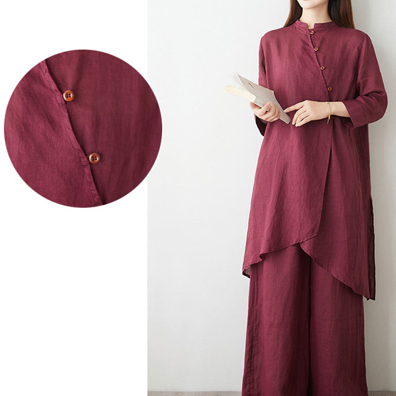 Nimara Ritual Casual 2pcs Plain Three Quarter Sleeve Slanted Collar Shirt Top Wide Leg Pants With Pockets Meditation Zen Tai Chi Clothing Women's Set