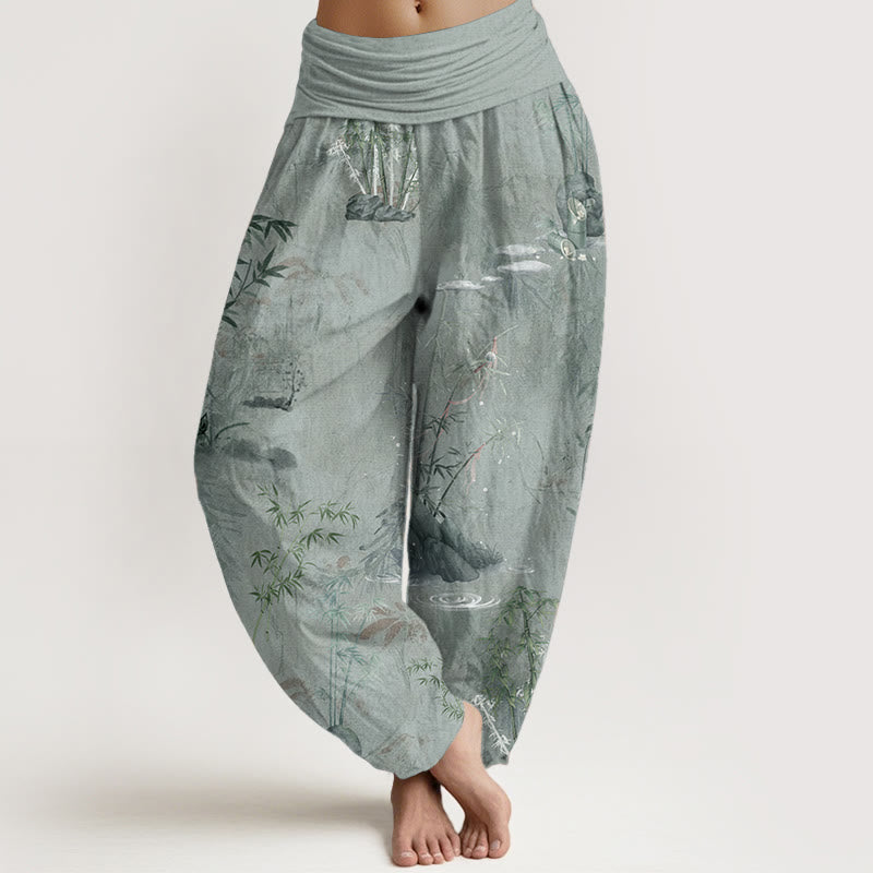 Nimara Ritual Pure Cotton Casual Bamboo Rock Ink Painting Women's Elastic Waist Harem Pants