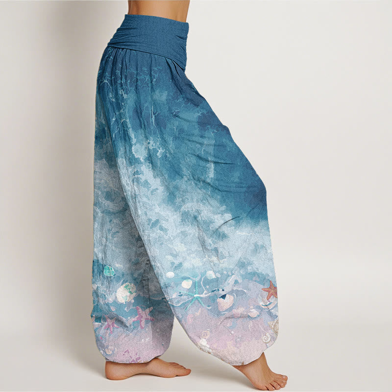 Nimara Ritual Pure Cotton Vast Ocean Pattern Women's Elastic Waist Harem Pants