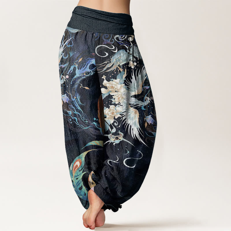 Nimara Ritual Pure Cotton Phoenix Flower Pattern Women's Elastic Waist Harem Pants