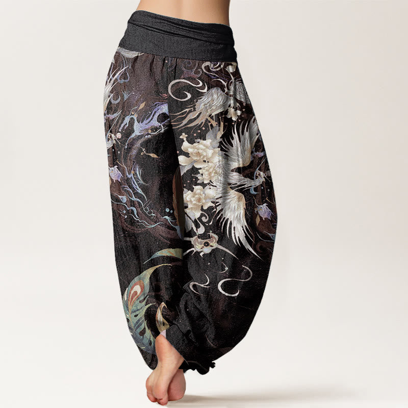 Nimara Ritual Pure Cotton Phoenix Flower Pattern Women's Elastic Waist Harem Pants