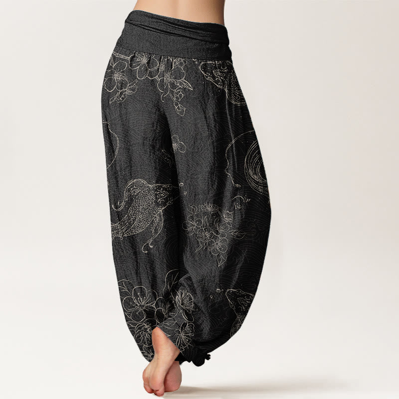 Nimara Ritual Pure Cotton Koi Fish Floral Pattern Women's Elastic Waist Harem Pants