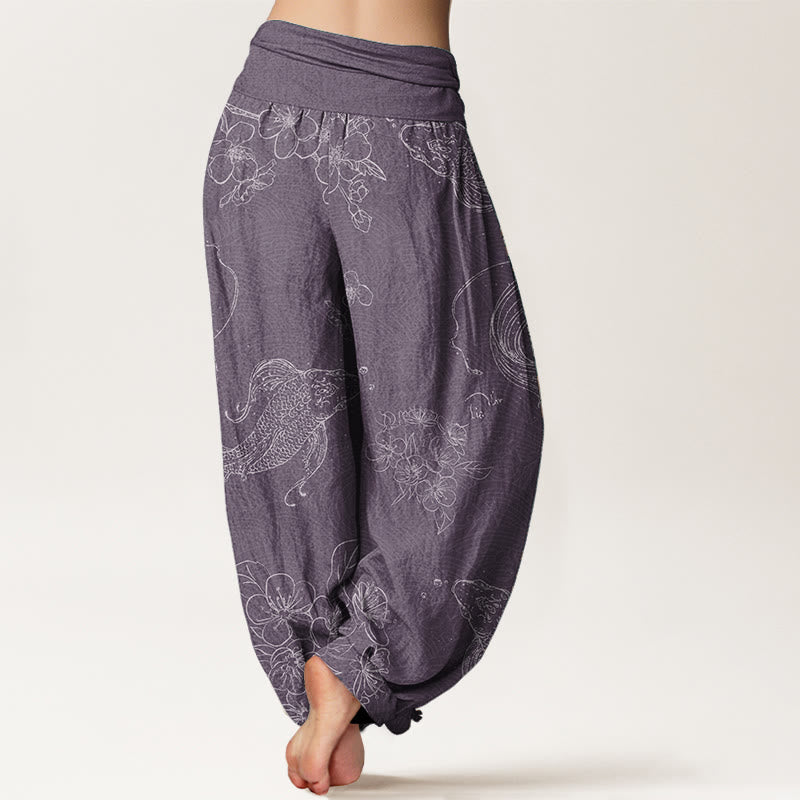 Nimara Ritual Pure Cotton Koi Fish Floral Pattern Women's Elastic Waist Harem Pants