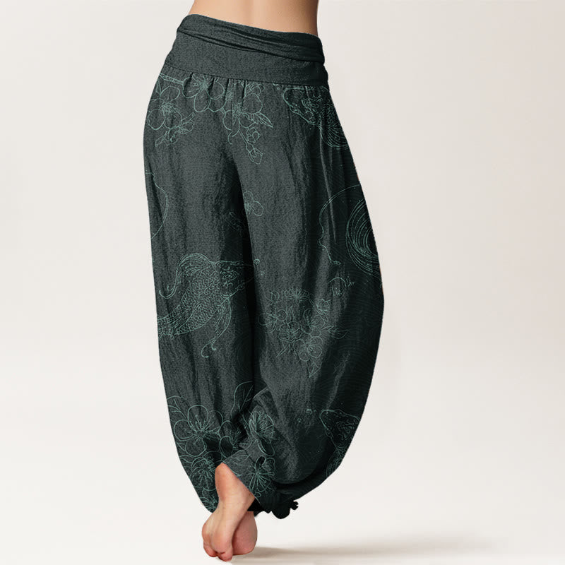 Nimara Ritual Pure Cotton Koi Fish Floral Pattern Women's Elastic Waist Harem Pants