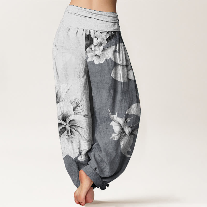 Nimara Ritual Pure Cotton Camellia Pattern Women's Elastic Waist Harem Pants