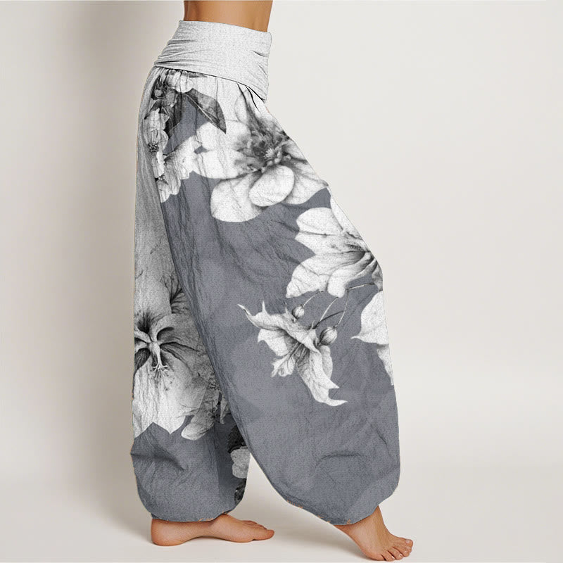 Nimara Ritual Pure Cotton Camellia Pattern Women's Elastic Waist Harem Pants