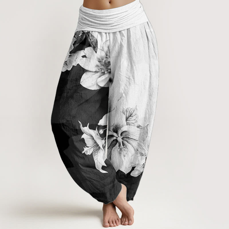 Nimara Ritual Pure Cotton Camellia Pattern Women's Elastic Waist Harem Pants