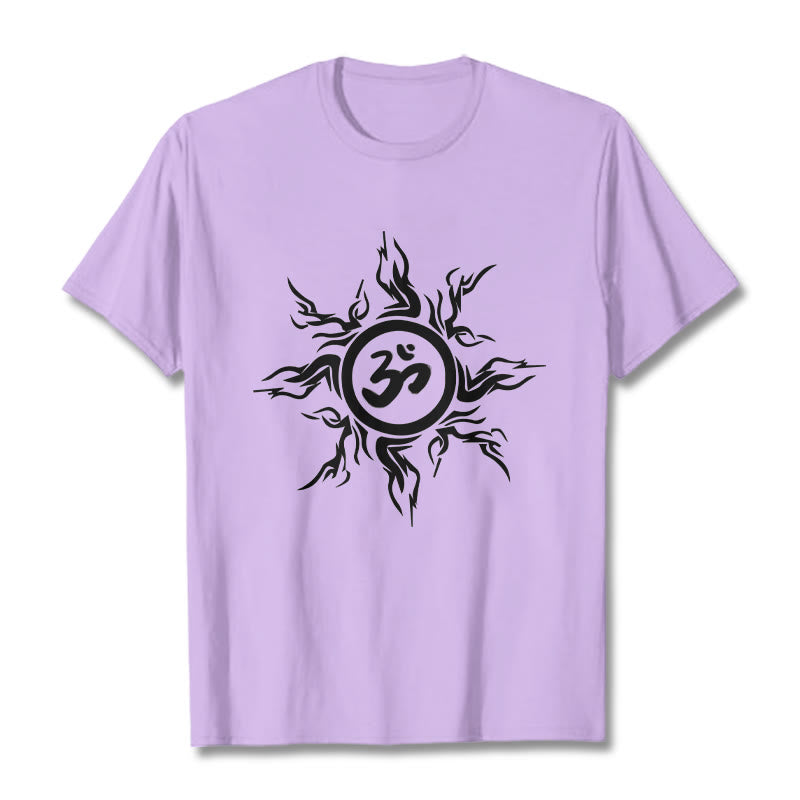 Nimara Ritual Sunburst Pattern Surrounding An Om Symbol Pattern Cotton Tee T-shirt