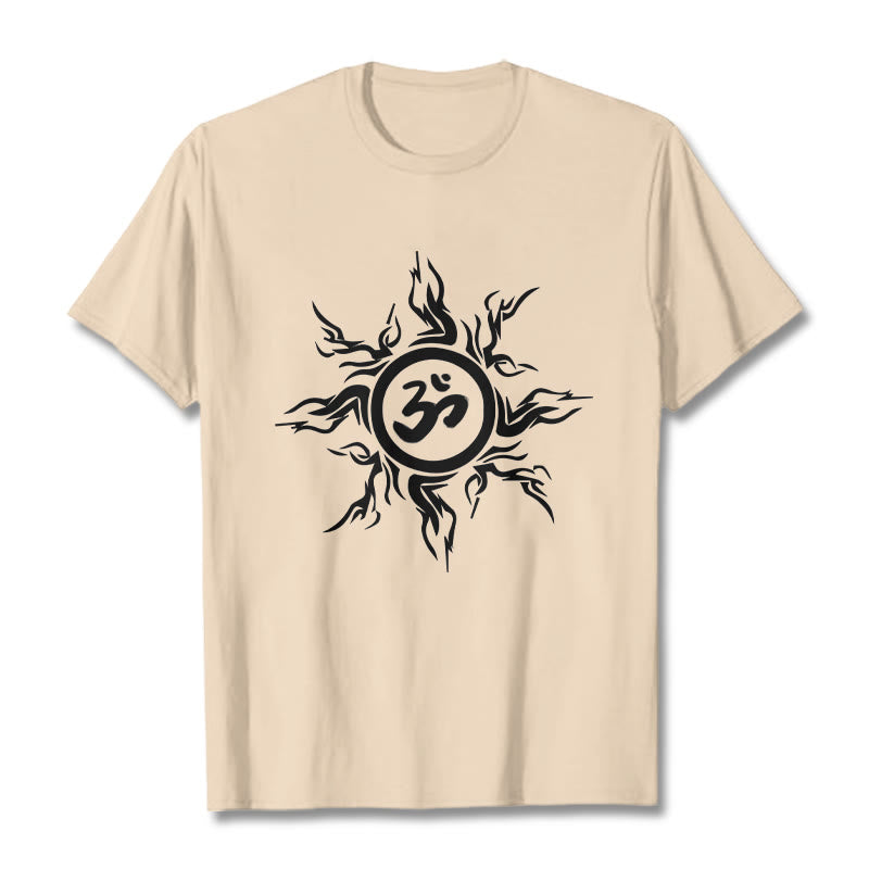 Nimara Ritual Sunburst Pattern Surrounding An Om Symbol Pattern Cotton Tee T-shirt