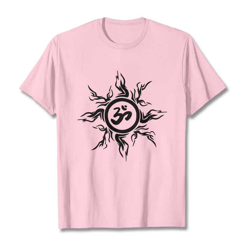 Nimara Ritual Sunburst Pattern Surrounding An Om Symbol Pattern Cotton Tee T-shirt