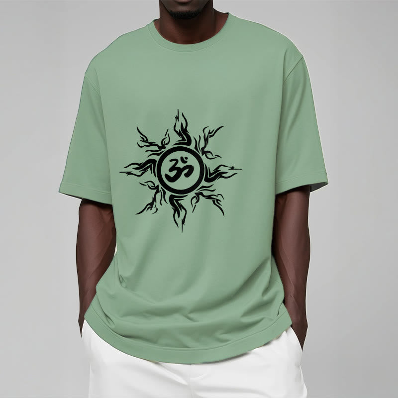 Nimara Ritual Sunburst Pattern Surrounding An Om Symbol Pattern Cotton Tee T-shirt