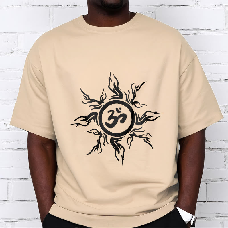 Nimara Ritual Sunburst Pattern Surrounding An Om Symbol Pattern Cotton Tee T-shirt