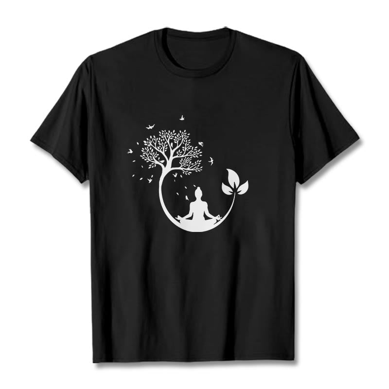 Nimara Ritual Buddha Meditating In A Tree Pattern Cotton Tee T-shirt