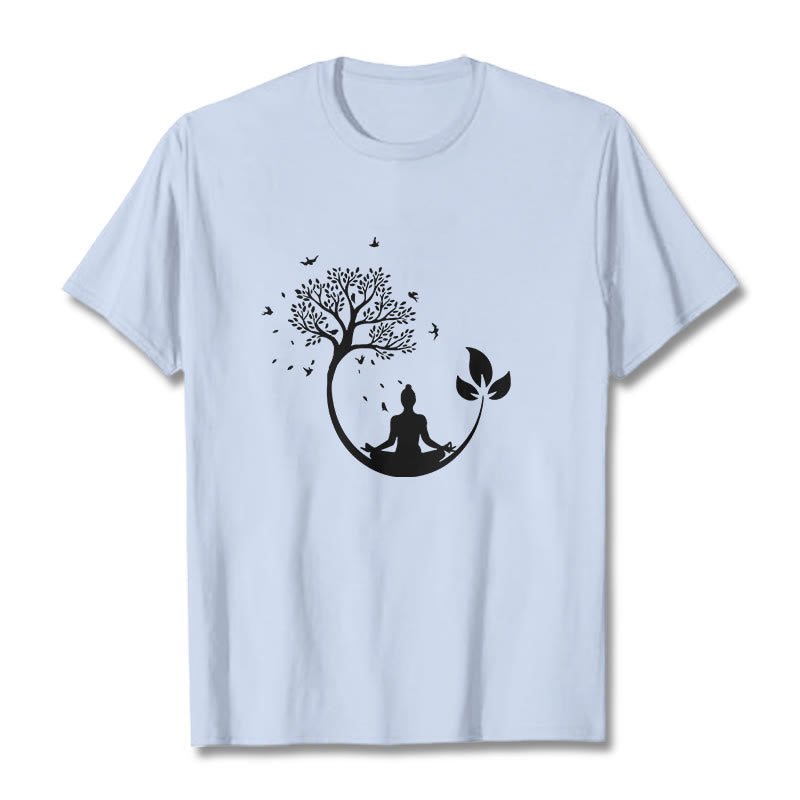 Nimara Ritual Buddha Meditating In A Tree Pattern Cotton Tee T-shirt