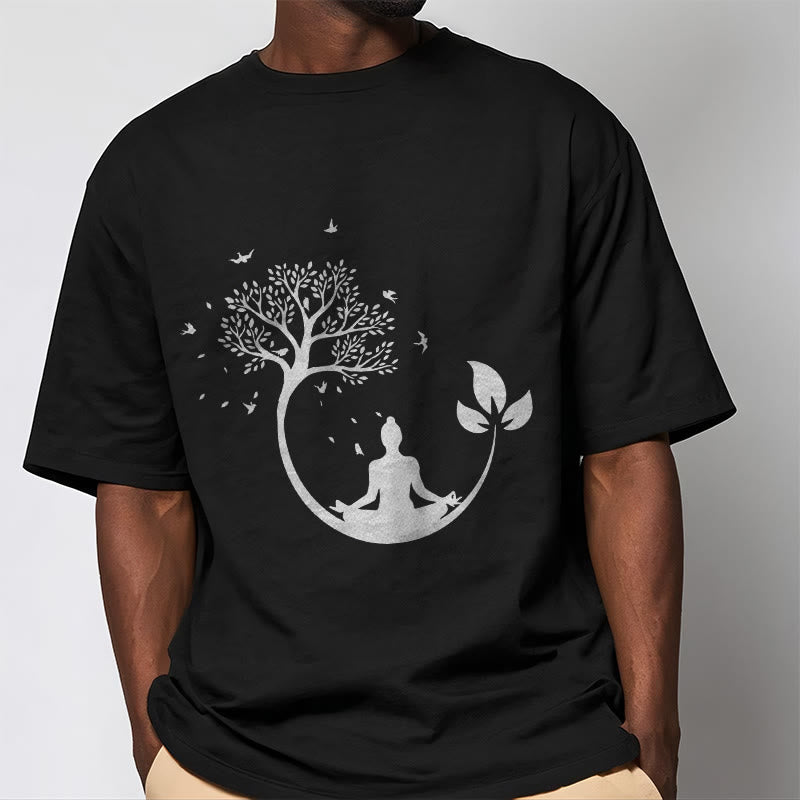 Nimara Ritual Buddha Meditating In A Tree Pattern Cotton Tee T-shirt