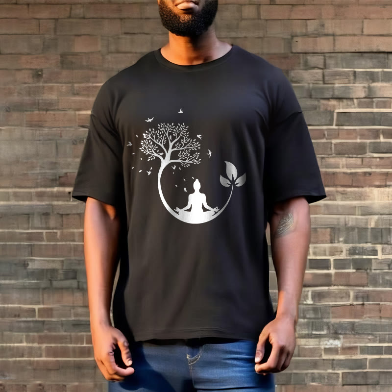 Nimara Ritual Buddha Meditating In A Tree Pattern Cotton Tee T-shirt