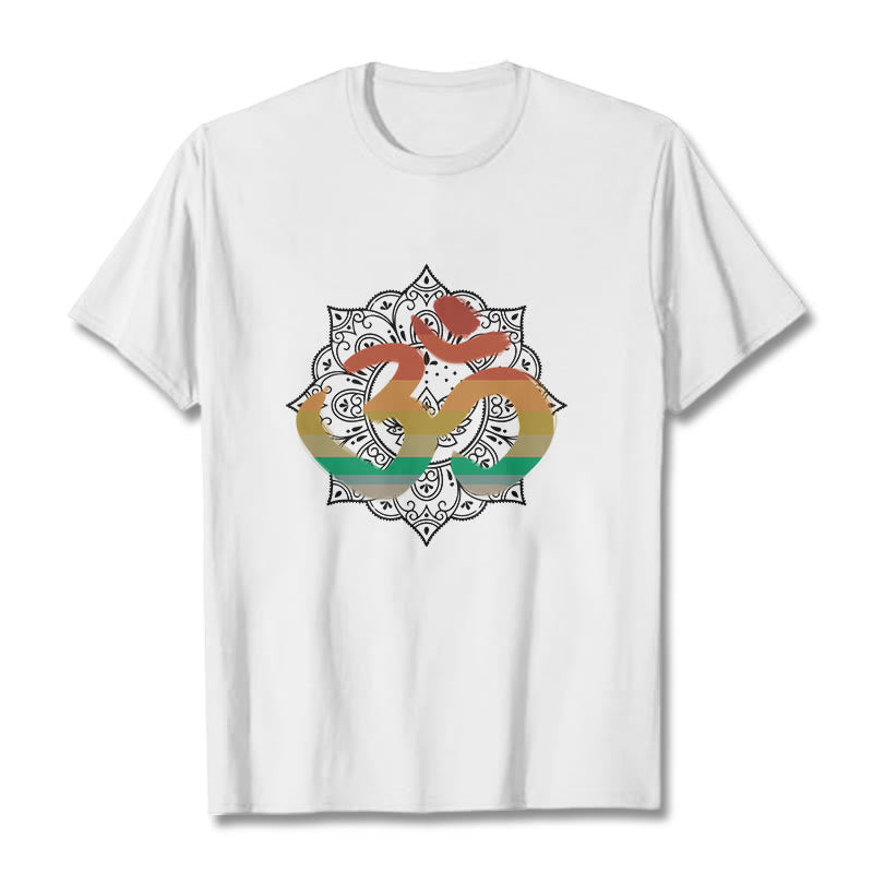 Nimara Ritual Gradient-colored Om Sanskrit Mandala Background Pattern Cotton Tee T-shirt