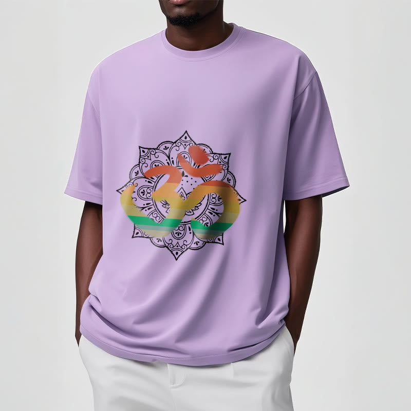 Nimara Ritual Gradient-colored Om Sanskrit Mandala Background Pattern Cotton Tee T-shirt
